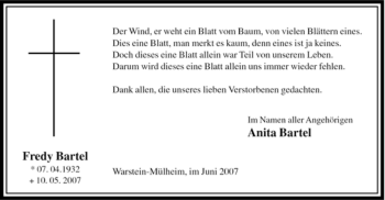 Traueranzeige von Fredy Bartel von Tageszeitung