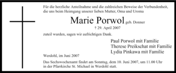Traueranzeige von Marie Porwol von Tageszeitung