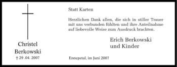 Traueranzeige von Christel Berkowski von Tageszeitung