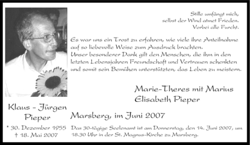  Traueranzeige für Klaus-Jürgen Pieper vom 11.06.2007 aus Tageszeitung
