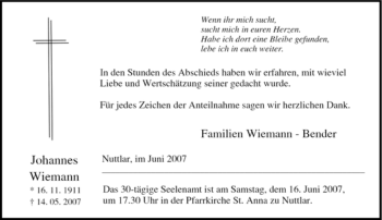 Traueranzeige von Johannes Wiemann von Tageszeitung