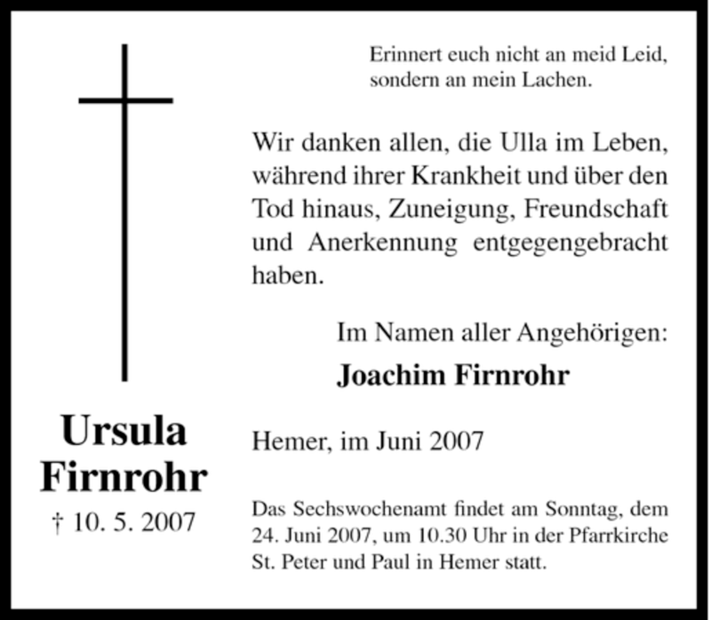  Traueranzeige für Ursula Firnrohr vom 11.06.2007 aus Tageszeitung