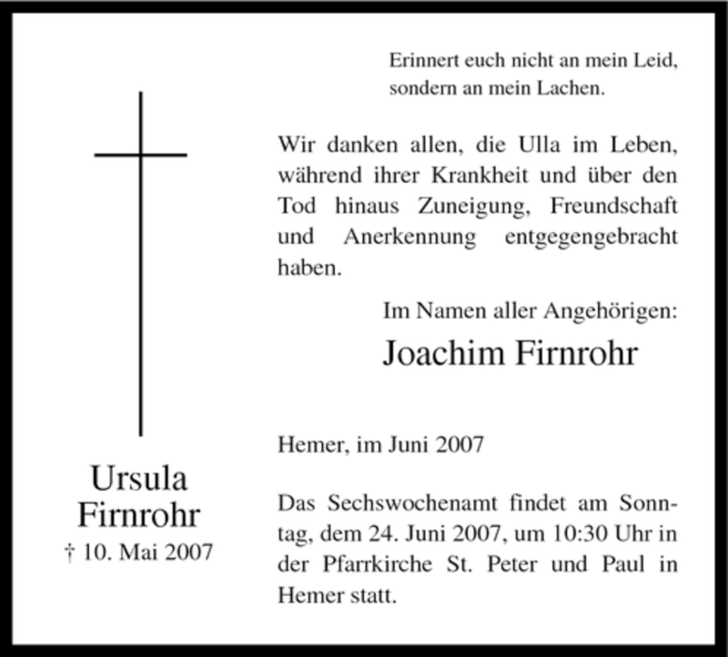  Traueranzeige für Ursula Firnrohr vom 11.06.2007 aus Tageszeitung