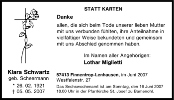 Traueranzeige von Klara Schwartz von Tageszeitung
