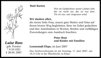 Traueranzeige von Luise Ross von Tageszeitung
