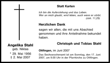 Traueranzeige von Angelika Stahl von Tageszeitung