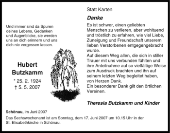 Traueranzeige von Hubert Butzkamm von Tageszeitung
