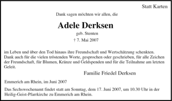 Traueranzeige von Adele Derksen von Tageszeitung