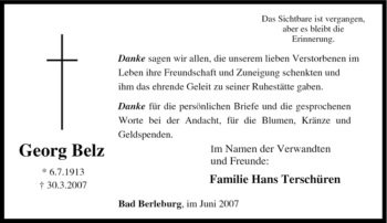 Traueranzeige von Georg Belz von Tageszeitung