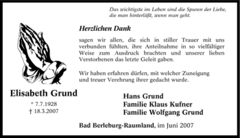 Traueranzeige von Elisabeth Grund von Tageszeitung