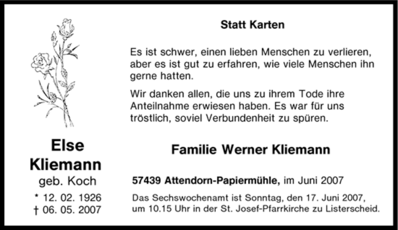  Traueranzeige für Else Kliemann vom 14.06.2007 aus Tageszeitung