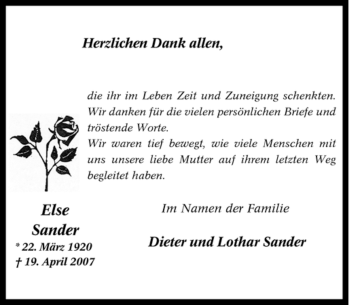 Traueranzeige von Else Sander von Tageszeitung