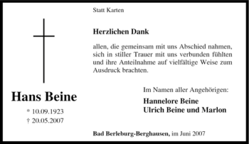 Traueranzeige von Hans Beine von Tageszeitung