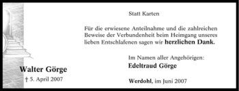 Traueranzeige von Walter Görge von Tageszeitung