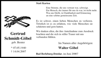 Traueranzeige von Gertrud Schmidt-Göbel von Tageszeitung