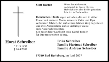 Traueranzeige von Horst Schreiber von Tageszeitung