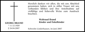 Traueranzeige von Georg Brand von Tageszeitung