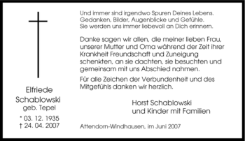 Traueranzeige von Elfriede Schablowski von Tageszeitung