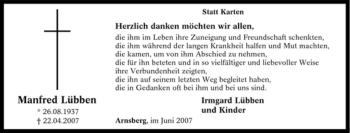 Traueranzeige von Manfred Lübben von Tageszeitung