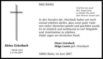 Traueranzeige von Heinz Griesbach von Tageszeitung