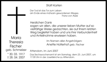 Traueranzeige von Maria Theresia Fischer von Tageszeitung
