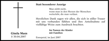 Traueranzeige von Gisela Mues von Tageszeitung