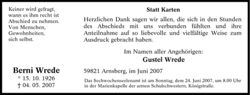  Traueranzeige für Berni Wrede vom 16.06.2007 aus Tageszeitung