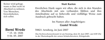 Traueranzeige von Berni Wrede von Tageszeitung