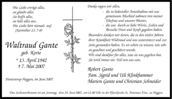 Traueranzeige von Waltraud Gante von Tageszeitung