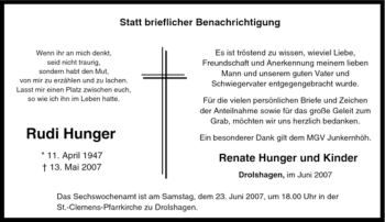 Traueranzeige von Rudi Hunger von Tageszeitung