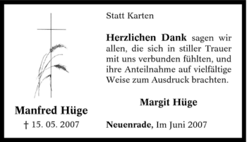 Traueranzeige von Manfred Hüge von Tageszeitung