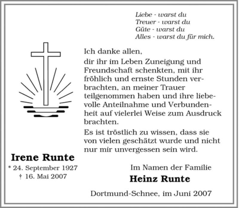  Traueranzeige für Irene Runte vom 16.06.2007 aus Tageszeitung
