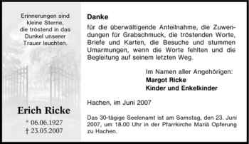 Traueranzeige von Erich Ricke von Tageszeitung