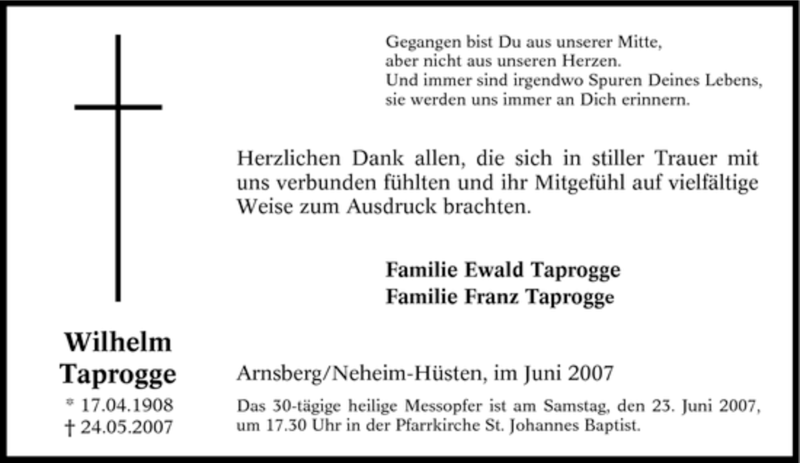  Traueranzeige für Wilhelm Taprogge vom 16.06.2007 aus Tageszeitung