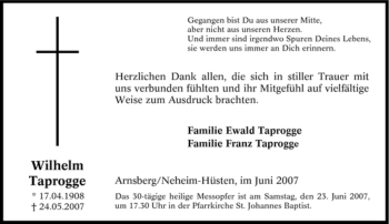 Traueranzeige von Wilhelm Taprogge von Tageszeitung