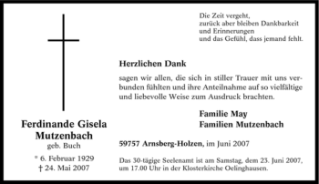 Traueranzeige von Ferdinande Gisela Mutzenbach von Tageszeitung