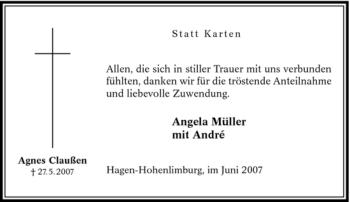 Traueranzeige von Agnes Claußen von Tageszeitung