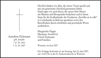 Traueranzeige von Anneliese Eickmann von Tageszeitung
