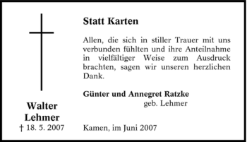 Traueranzeige von Walter Lehmer von Tageszeitung