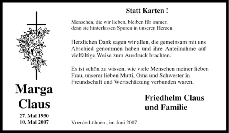  Traueranzeige für Marga Claus vom 16.06.2007 aus Tageszeitung