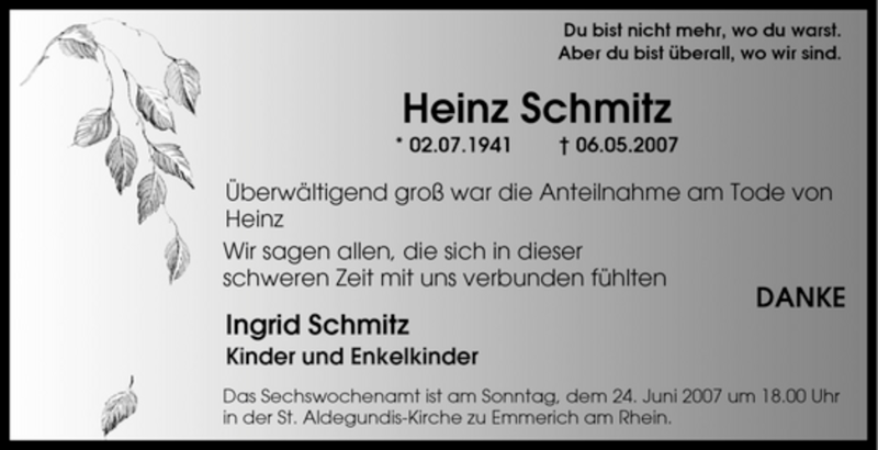  Traueranzeige für Heinz Schmitz vom 16.06.2007 aus Tageszeitung