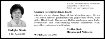 Traueranzeige von Radojka Simic von Tageszeitung