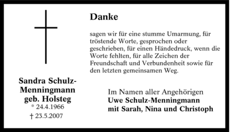  Traueranzeige für Sandra Schulz-Menningmann vom 16.06.2007 aus Tageszeitung