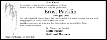Traueranzeige von Ernst Packlin von Tageszeitung