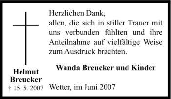 Traueranzeige von Helmut Breucker von Tageszeitung
