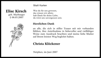 Traueranzeige von Elise Kirsch von Tageszeitung