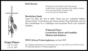 Traueranzeige von Franz Peters von Tageszeitung