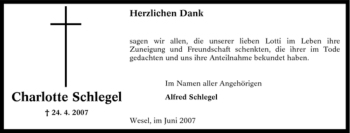 Traueranzeige von Charlotte Schlegel von Tageszeitung