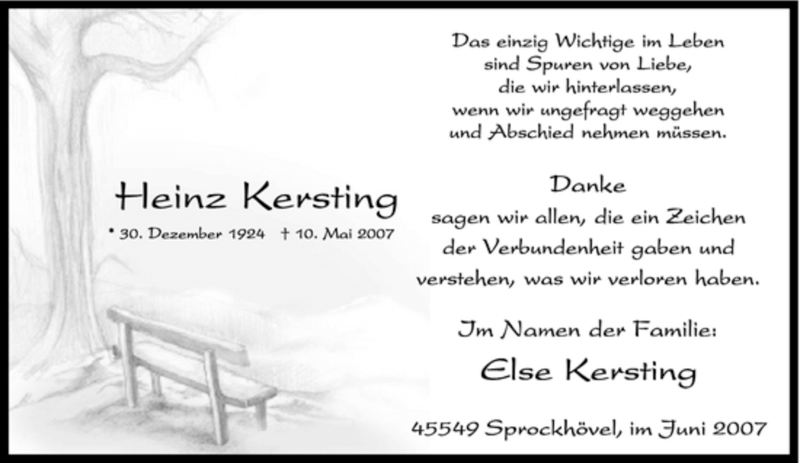  Traueranzeige für Heinz Kersting vom 16.06.2007 aus Tageszeitung