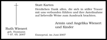 Traueranzeige von Ruth Wienert von Tageszeitung